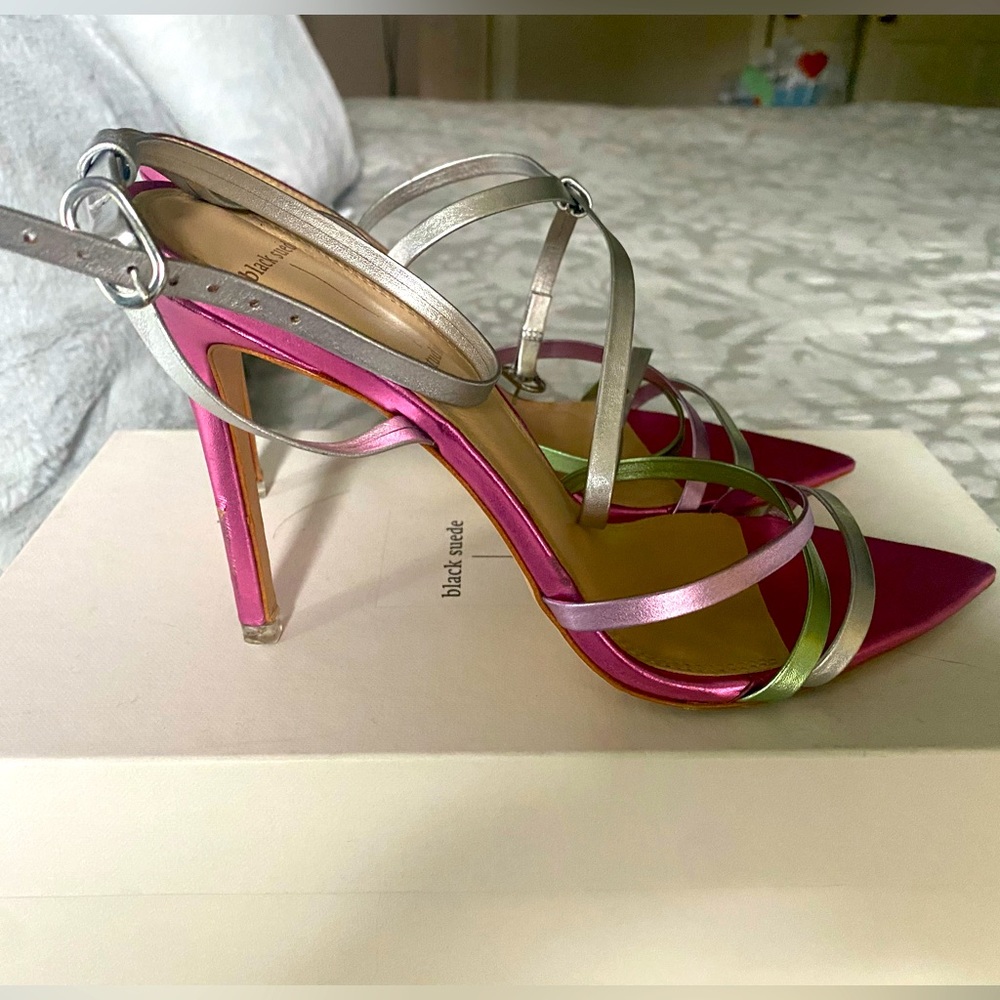 NWT Black Suede Studio Kris Ankle Strap Heels Size 38/7.5-8